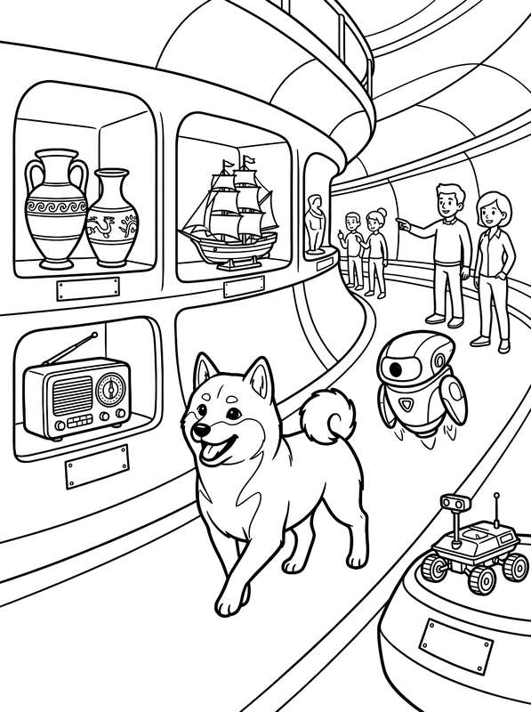 Line art of a Shiba Inu in a museum with display cases holding vases, a toy ship, and an old radio, with people and robots nearby.