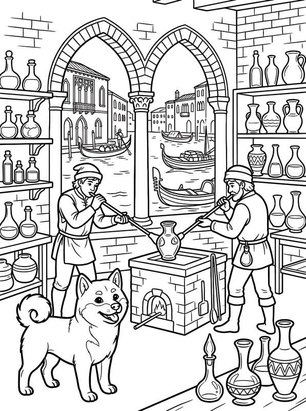 Line art of two artisans glassblowing beside a canal in Venice, with a dog standing in the front of the workshop.