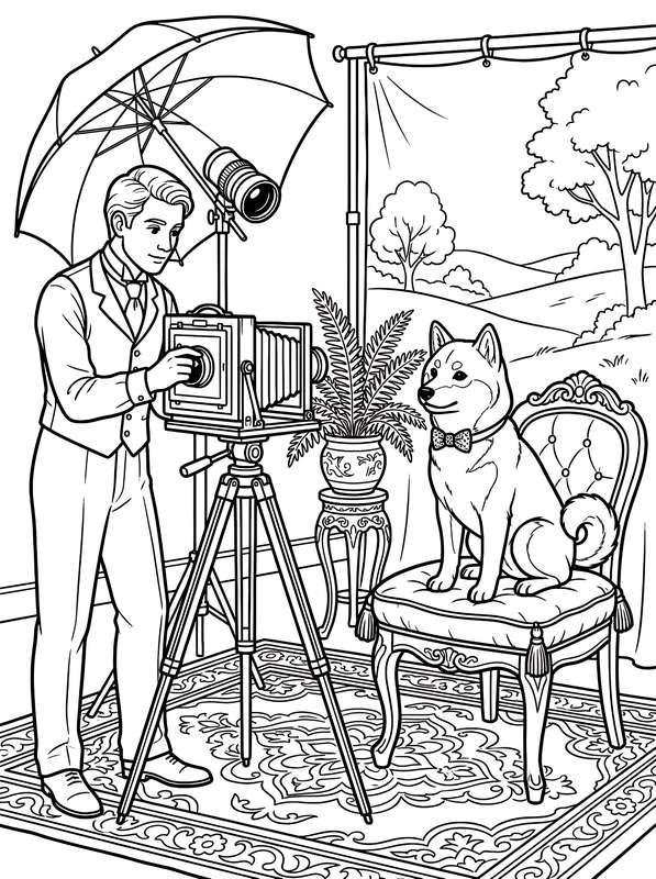 Line art of a man in a vest using an old-fashioned camera on a tripod to photograph a dog sitting on a fancy chair.