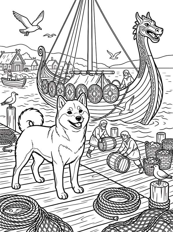 Line art of a Shiba Inu on a dock with Vikings loading barrels onto a longship, seagulls, and ropes in the foreground.