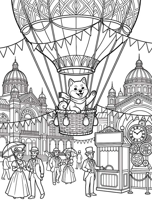 Line art of a Shiba Inu in a hot air balloon floating over a world fair with people in vintage attire and clockwork gears.