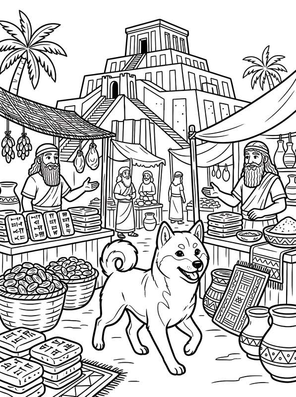 Line art of a happy dog walking through a market with stalls of food and people, with an ancient ziggurat in the background.